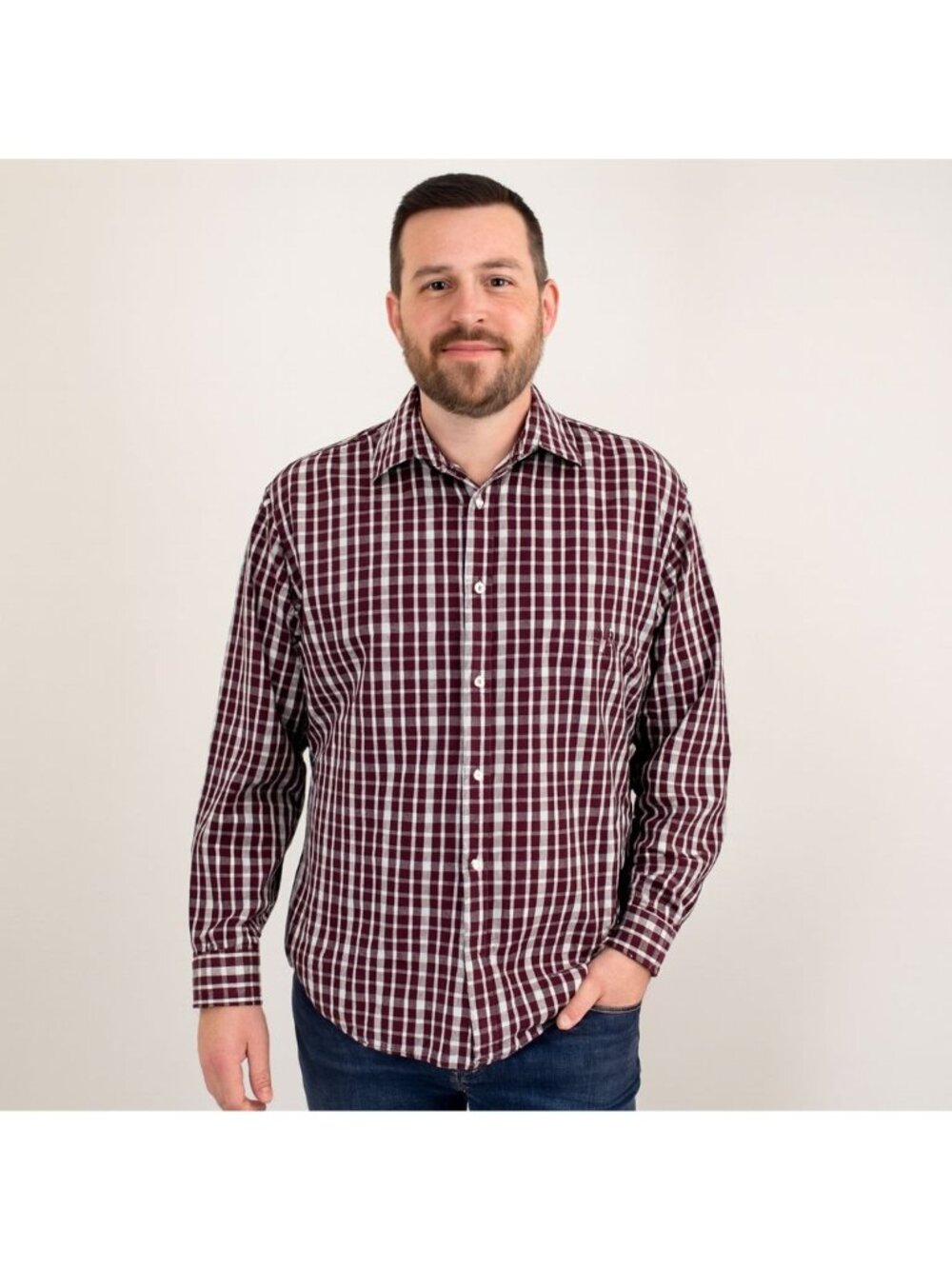 James Tattersall Mens Shirt Red Blue Check Long Sleeve Cotton Size XL (17-17.5)